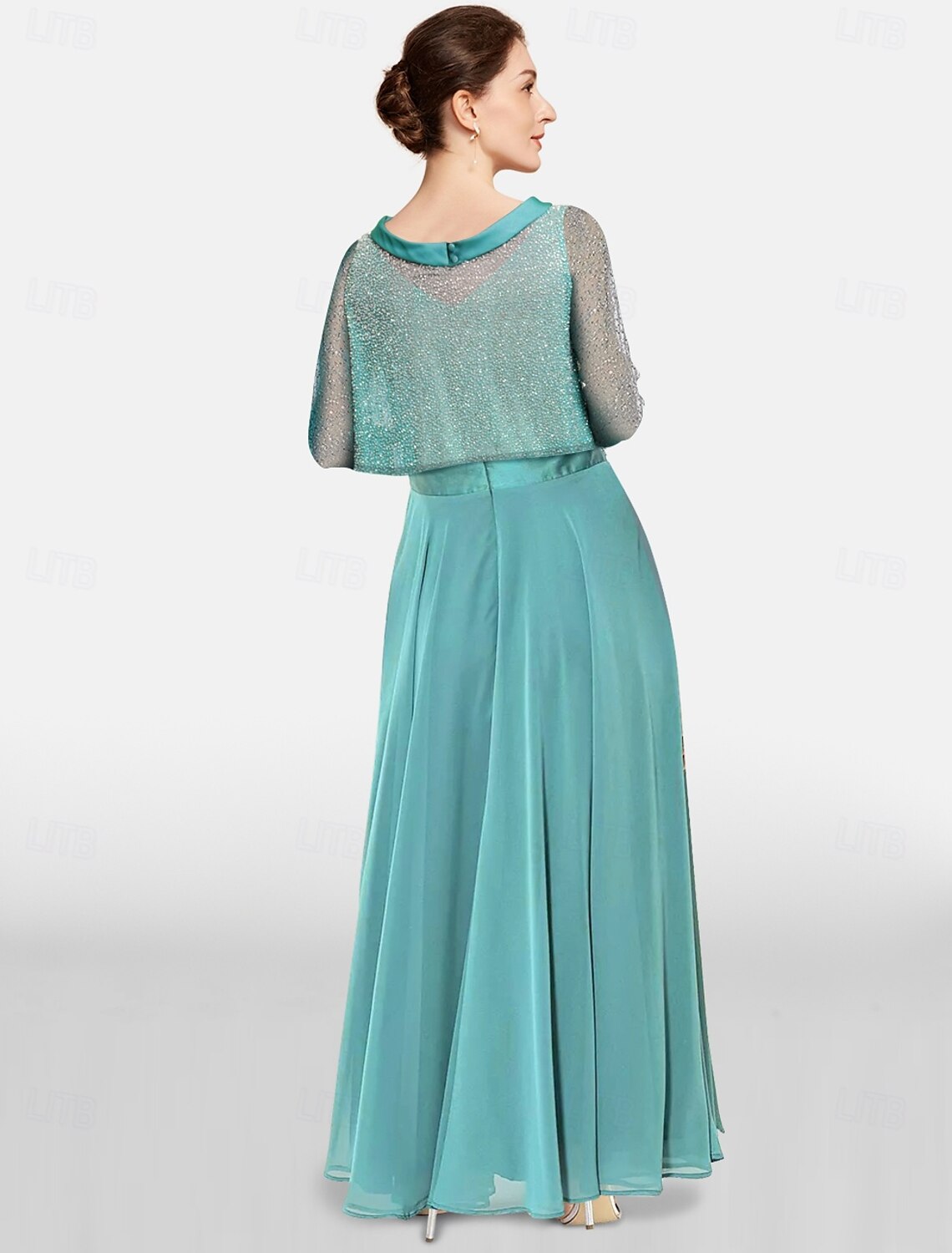 Buyishang Two Piece A-Line Mother of the Bride Dress Elegant Jewel Neck Floor Length Chiffon Lace 3/4 Length Sleeve Wrap Included Jacket Dresses with Solid Color free custom size